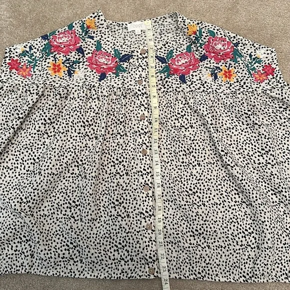 Oddy Women’s Black Spotted Button Down Oversized Blouse Floral Embroidery Medium - Picture 7 of 8